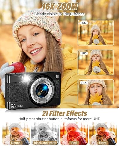 2025 New Digital Camera, 56MP FHD 1080P for Kids with 16x Digital Zoom Anti Shake, Face Detect, Smile Capture, 32GB TF Card, Battery, Lanyard, a Great Gift for Boys & Girls（Black） thumbnail 4