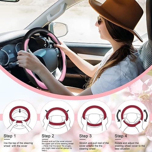 SuperKaKa Car Steering Wheel Cover 2025, Universal Auto PU Cute Breathable Slip-Proof Comfort Imitation Leather Protector Cars Interior Accessories for Women Men Fit Most Vehicle (Pink) thumbnail 6