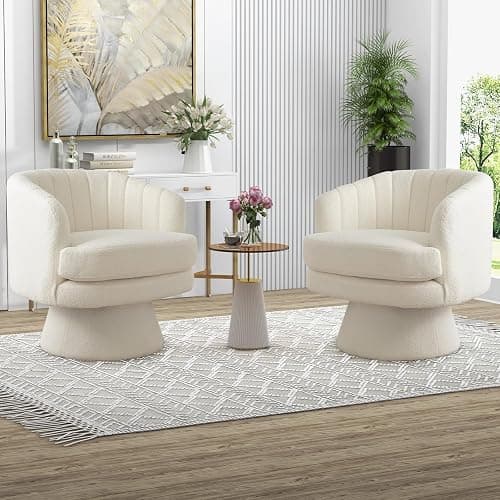 CANMOV Swivel Accent Chair with Armrest Set of 2, Modern 360 Degree Swivel Barrel Chair with Curve Back and Soft Cushion,Comfy Round Sherpa Teddy Armchair Single Sofa for Living Room,Beige - Image 1