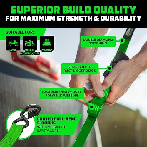 Rhino USA Retractable Ratchet Straps (4-Pack) - 1 Inch x 10 Feet (1,209lb Break Strength) - Auto Self Retracting Tie Down Straps for Truck, Cargo Trailer, Motorcycle, ATV, UTV - Green thumbnail 3