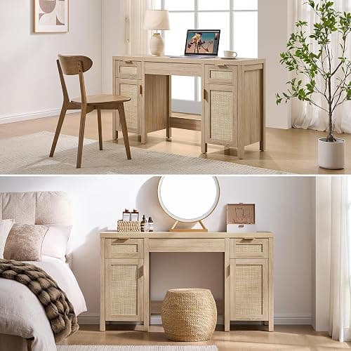 SICOTAS Rattan Vanity Home Office Desk - 52" Large Farmhouse Boho Makeup Vanity Dressing Table with 3 Drawers & 2 Storage Cabinets, Vanities Desk for Makeup Room, Bedroom, Home Office, Light Oak - Reclaimed Light Oak - 1 Piece thumbnail 8