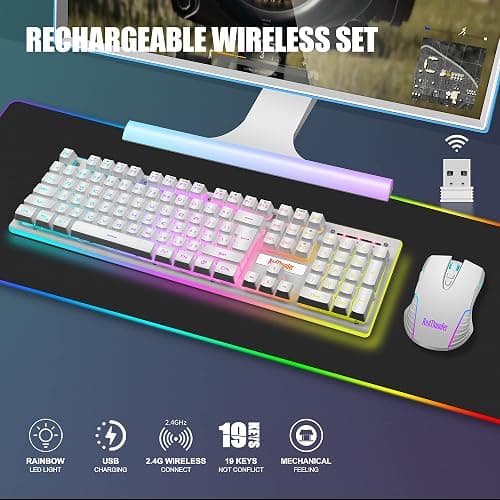 RedThunder K10 Wireless Gaming Keyboard and Mouse Combo, LED Backlit Rechargeable 3800mAh Battery, Mechanical Feel Anti-ghosting Keyboard + 7D 3200DPI Mice for PC Gamer (White) thumbnail 2