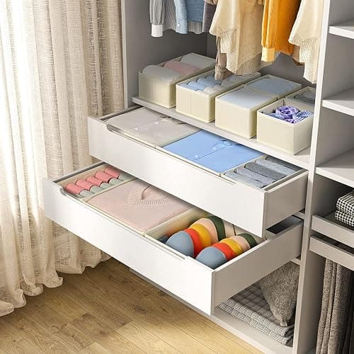 DIMJ Set of 12 Drawer Organizers Foldable Organizers and Storage Fabric Wardrobe Clothes Organizer Multifunctional Storage Box for Clothes, Bra,(Beige) thumbnail 9
