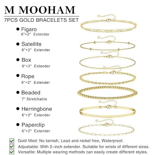 M MOOHAM Mothers Day Gifts, 7PCS Gold Bracelets for Women - 14K Real Gold Plated Beaded Bracelets Set Rope Paperclip Chain Stackable Bracelet Non Tarnish, Friendship Birthday Jewelry Gifts for Women thumbnail 5