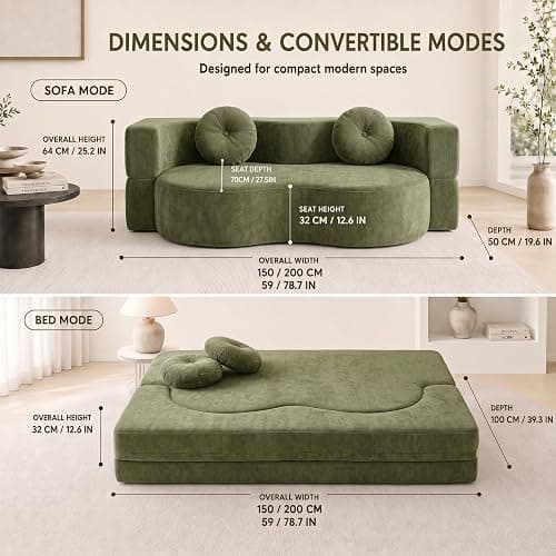 FGNIXLN Woven Fabric Sofa Bed, Convertible Fold Out Floor Couch, Boneless Sofa with 2 Round Cushions, Modular Sleeper Mattress for Living Room Bedroom Guest Room Small Spaces thumbnail 6