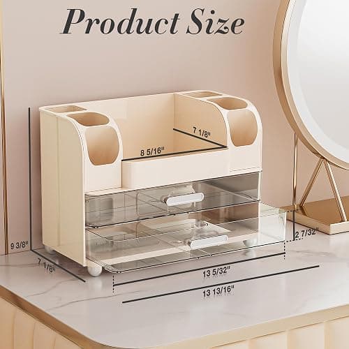 Delamu Large Makeup Organizer Countertop with 6 Brush Holders, Cream White | Vanity Organizer with 2 Drawers, Gift for Women & Girls, Holds Perfume, Skincare, Lipstick, Nail Polish & Hair Accessories thumbnail 3