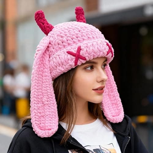 Bunny Chunky Beanie with Devil Horns Cute Chenille Crochet Hat with Long Floppy Ears Pastel Goth Rabbit Winter Skull Cap thumbnail 6