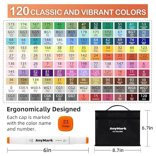 AnyMark Alcohol Markers, 120 Colors Dual Tip Art Coloring Markers Set for Kids Adult Book Drawing Sketching Painting, Chisel & Fine, White Penholder thumbnail 3