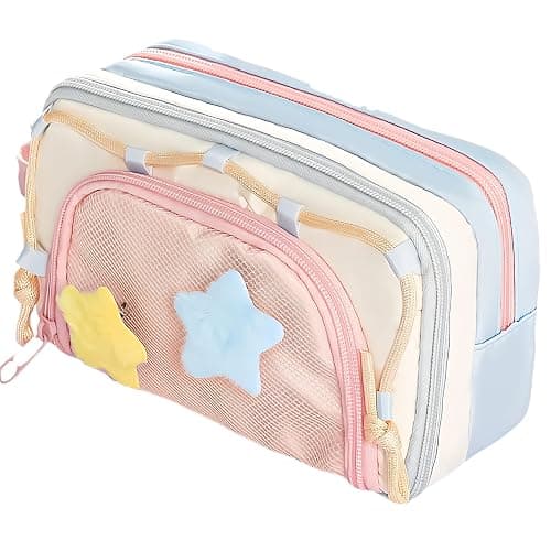UIVXXUD Portable Multi-Layer Kawaii Star Pencil Case Organizer - Large Capacity Pencil Case with Compartments - Cute Pencil Pouch Functional Bag (Pink) - Image 1