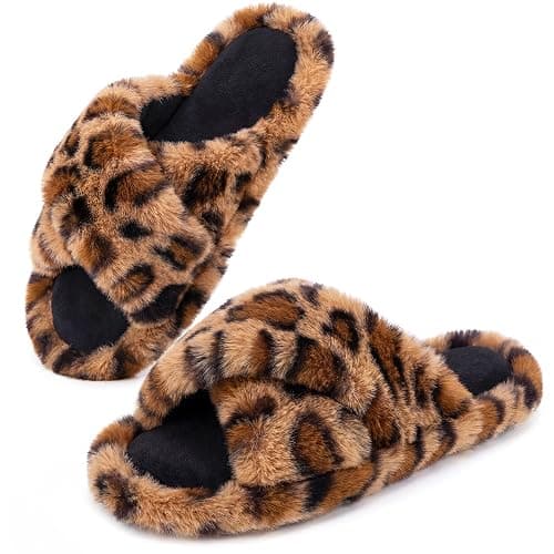 Snug Leaves Women's Fluffy Open Toe Slippers Cross Band Indoor Outdoor | Non-slip Sole, Faux Fur, Soft, Cute, Memory Foam, Lightweight, Cozy Comfy, Machine Washable, House, Bedroom Slip-on - Image 1