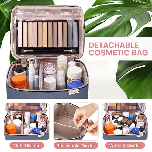HXLGMD Large Makeup Bag with Mirror Double Layer Travel Make Up Organizer Case, Large Capacity Coemetic with Brush Slot Divider, Travel Toiletry Bag for Women (Aegean Blue) thumbnail 4