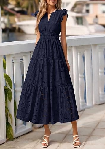 PRETTYGARDEN Women's Summer Eyelet Boho Maxi Dresses | V Neck, Elastic Waist, Cap Sleeve, Tiered Ruffle, A-Line, Floral Lace Cutout, Wedding Guest Dress, Beach Vacation Clothes thumbnail 2