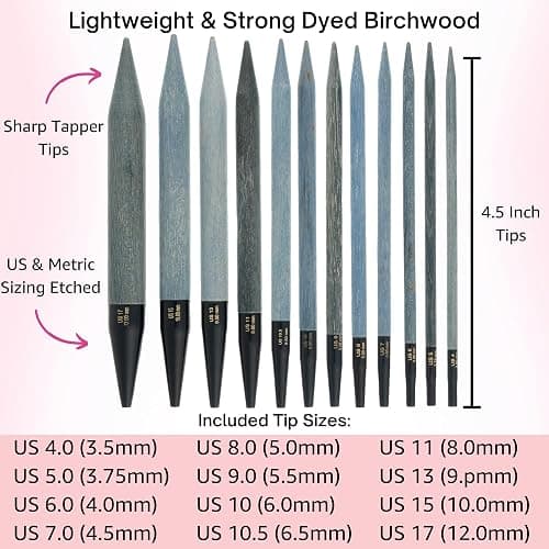 Lykke Indigo 5 in. Complete Set US 4, 5, 6, 7, 8, 9, 10, 10.5, 11, 13, 15, 17 Interchangeable Circ. Knitting Needles for DK, Worsted, Super Chunky Yarn, Birch, 5 Cords, Azure DM Case, Project Bag thumbnail 2