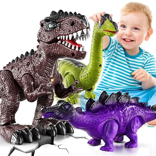 BLmukce 3-Pack Electronic Walking Dinosaur Toys for Toddlers 2-4, Moving Dinosaurs Toys with Lights, Roaring Sounds, T-Rex, Brachiosaurus & Stegosaurus, Xmas Birthday Gift for 2 3 4 5 6 Years Old Boys - Image 1