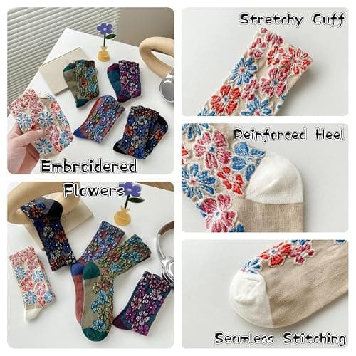 FORJMMP Vintage Embroidered Floral Socks for Women, Combed Cotton Crew Socks thumbnail 3