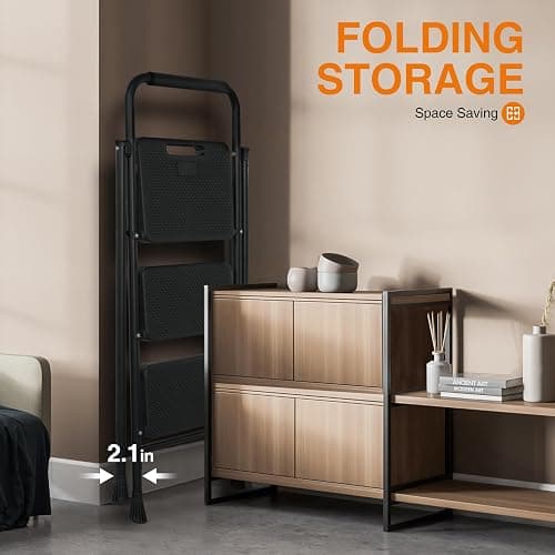 3 Step Ladder, Portable Steel Folding Stool with Wide Anti-Slip Pedal, 500lbs Sturdy Steel Ladder, Black thumbnail 8
