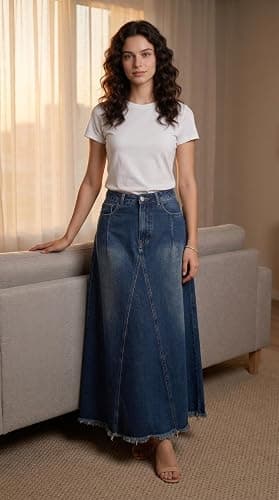 XQR Women's Vintage Full Length Denim Skirts High Waisted Frayed Raw Hem Flared A Line Maxi Long Jean Skirts thumbnail 4