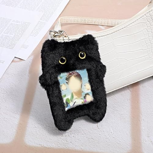 Tweruna Black Cartoon Plush Photocard Holder Keychain, Cute Cartoon Cat Photo Card Holder Keychain, Soft Plush Photo Card Holder for ID Card Cover Photo Protective Bag Pendant Decor thumbnail 6