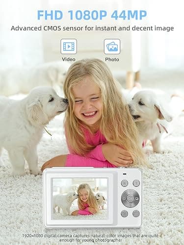 Camkory Digital Camera for Kids，Teens and Starters, FHD 1080P Point and Shoot Camera with 32GB Card 16X Zoom Anti Shake, Gift for Boys Girls Kids, White thumbnail 2