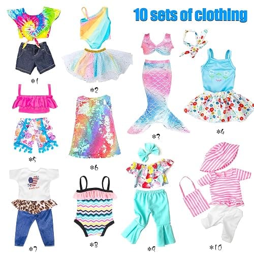 iBayda 18 Inch Doll Fashion Clothes - 10 Sets Include Outfits, Mermaid Dress, Bikini, Hats & Handbags Accessories (Doll Not Included) thumbnail 2