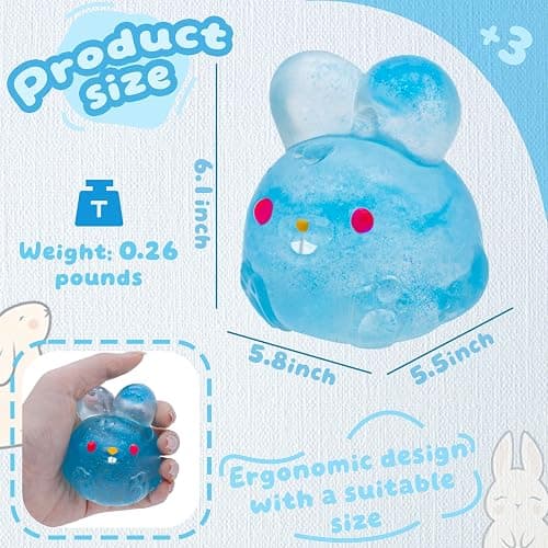 Stress Relief Blue Glitter Bunny Squeeze Toy - Jelly Hops Sensory Squishy Fidget Toy, Anxiety Calming Soft Jelly Ball for Kids & Adults, ADHD Autism thumbnail 2