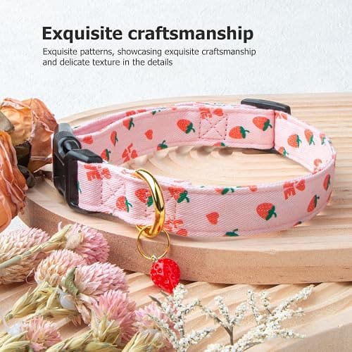 Cotton Handmade Dog Collar Cute and Distinctive Patterns Pink Strawberries with Pendant for Girl Boy Dogs Collars M thumbnail 5