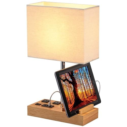 Dreamholder Desk Lamp with 3 USB Charging Ports, Table Lamp with 2AC Outlets and 3 Phone Stands, Nightstand Bedside Lamp with Natural Wooden Base and Cream Linen Shade thumbnail 4