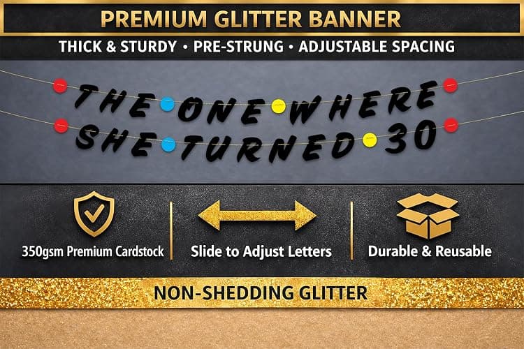 Pre-Strung Friends Themed 30th Birthday Black Glitter Banner - 30th Birthday Decorations for Men and Women - Birthday Party Supplies and Gifts thumbnail 4