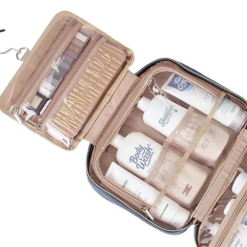 NISHEL Travel Toiletry Bag for women, Portable Hanging Organizer for Full-Sized Shampoo, Conditioner, Brushes Set, Makeup Accessories, Large Size, Aegean-Blue thumbnail 4