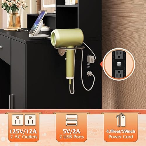 WLIVE 35‘’ Modern Makeup Vanity Desk with Mirror and Lights, Dressing Table with Storage Drawers and 3 Open Shelves for Bedroom, Makeup Table with Power Outlets and Hairdryer Holder, Black thumbnail 4