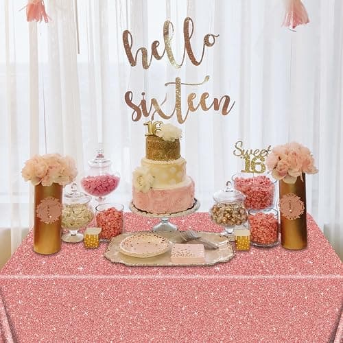 4 Pack Pink Rose Gold Tablecloths, 51x87'' Rose Gold Sequin Printed Plastic Table Cover, Rose Gold Glitter Birthday Background Decorations for Girls Birthday Wedding Graduation Princess Party Supplies thumbnail 6