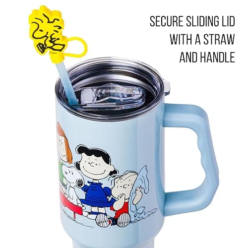 Silver Buffalo Peanuts Gang Charlie Brown, Snoopy, Woodstock, Lucy, Sally, Linus, Double Walled Stainless Steel Tumbler with Handle, Straw, and Straw Cap, Fits in Standard Cup Holder, 40 Ounces thumbnail 3