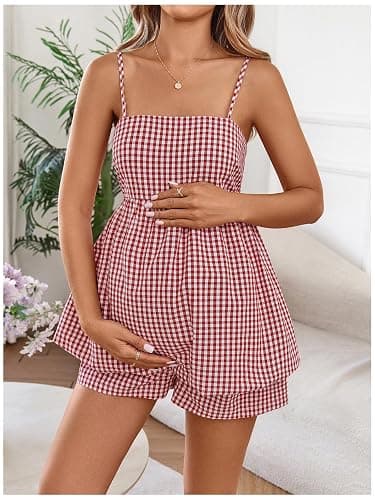 SweatyRocks Women Maternity 2 Piece Outfits Gingham Cami Top Shorts Sets | Maternity Summer Clothes, Casual Vacation Pregnancy Bubble Matching Sets thumbnail 3