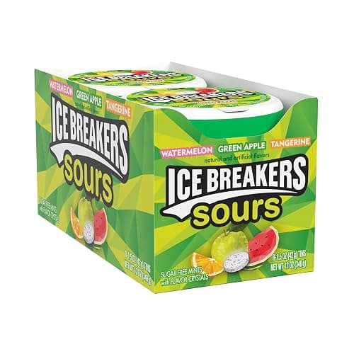 ICE BREAKERS Sours Assorted Fruit Sugar-Free Mints Tins, 1.5 oz, 8 ct | Green Apple, Tangerine and Watermelon Sugar-Free Sours Mints, Pocket Tins for Car, Desk and Fresh Breath, 8 ct - Image 1