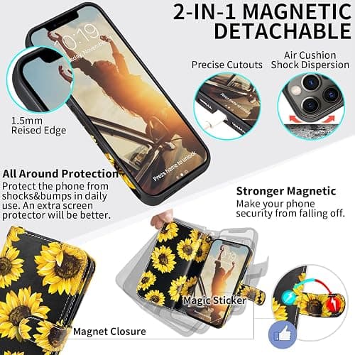 CASEOWL Compatible for iPhone 13 Pro Wallet Case for Women, Detachable Floral Leather Flip Wallet Phone Case with 9 Card Holder[RFID Blocking], Wristlet, Full Body Protective Case (Sunflower) thumbnail 4