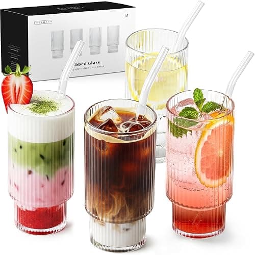 EDELHAUS Gläser Set 4-teilig mit Strohhalm (300ml) - Geriffelte Cocktailgläser, Riffle, Ripple Aesthetic, Gin, Trinkgläser Set, Longdrinkgläser, Matcha Gläser - Image 1
