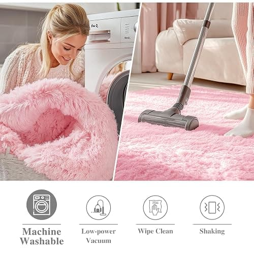 OLANLY Pink Round Rugs for Bedroom - Machine Washable, 4 ft Circle Area Rugs for Living Room, Soft and Fluffy Shaggy Carpet for Teen Girls and Boys, Nursery Rooms, Dorms, Home Decor Aesthetic thumbnail 2