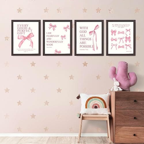 LARTSFRO Coquette Pink Bow Wall Art Decor Posters, Pink Bow Room Bedroom Bathroom Dorm Wall Art Decor Aesthetic for College Teen Girls Gifts, Inspirational Bible Verses Bow Wall Decor, 10x8 Inch Set of 4 Pcs Bow Pictures (DARK FRAMED) thumbnail 3