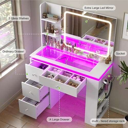 HuaYing White Vanity Desk with Illuminated Mirror & Power Outlet, Bedroom Dresser LED Mirror Stepless Dimmable & 3 Color Modes Adjustable RGB Drawers, for Women Girls Bedroom（Pure White thumbnail 3