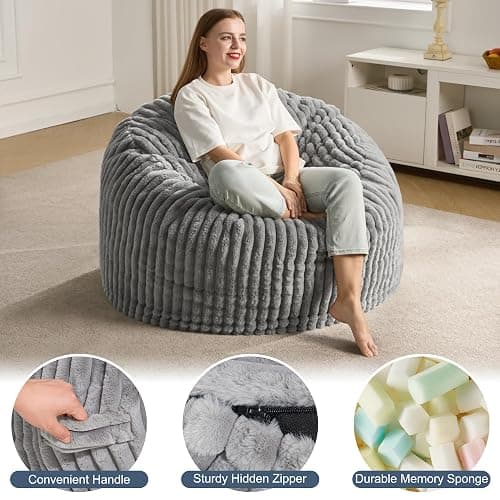 Hobestluk 3ft Bean Bag Chairs for Adults Large Beanbag Chair with Stripe Plush Cover Big Bean Bag Chair for Living Room Bedroom Dorm Office - Grey (36” x 36” x 22”) thumbnail 4