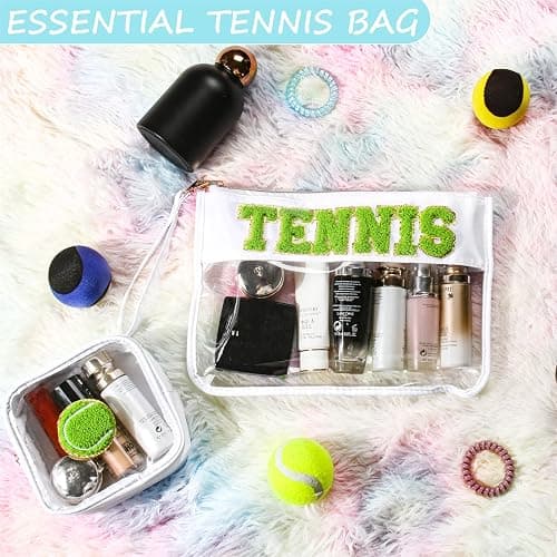 BuyCard 2 Pcs Tennis Gifts Cosmetic Makeup Bag with Chenille Letter Patch, Clear Pouch PVC Organizer Purse, Waterproof Travel Bag, Portable Toiletry Storage Bag for Her Girls Friends Women thumbnail 4