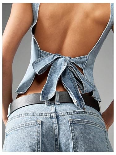 MakeMeChic Women's Denim Tank Top Crew Neck Tie Backless Asymmetrical Hem Y2k Crop Tops thumbnail 5