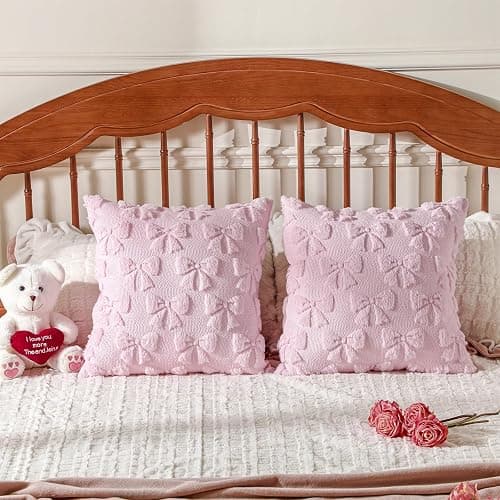 Mixweer Bow Pillow Covers Set of 2 Coquette Room Decor Cute Faux Fur Soft Bowknot Preppy Stuff Fluffy Plush Aesthetic Pillow Covers for Bed Sofa Couch, Fall Christmas Decor(20 x 20 Inch,Pink) thumbnail 6