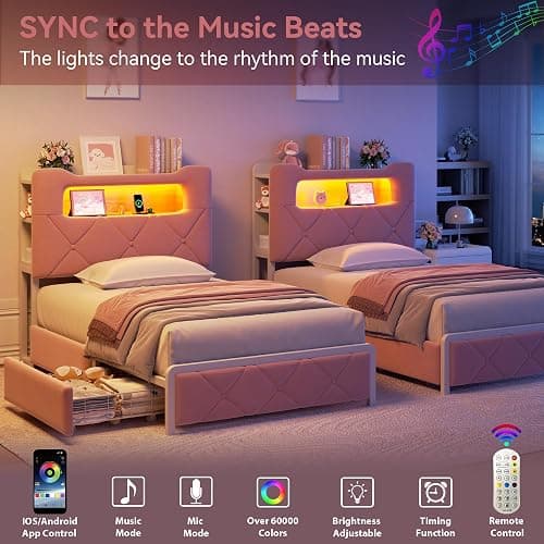 Twin Upholstered LED Bed Frame with 2 Storage Drawers and 2-Tier Storage Bookcase Headboard, Velvet Princess Platform Bed for Kids/Girls/Boys, Heavy Duty Metal Support, No Box Spring Needed, Pink thumbnail 3