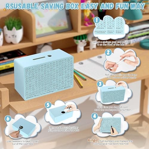 Wooden Money Saving Box, Cash Vault Savings Box for $10000 $5000 $3000 $1000 $800 $500 Target Money Saving Challenge, Reusable Money Box with Counter, Dry Erase Pen/Savings Trackers/Rubber Band-Blue thumbnail 5