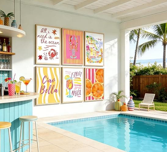 6Pcs Summer Coastal Poster Wall Art,Pink Orange Coastal Painting Picture Wall Decor,Amalfi Beach Canvas Print Artwork for Bathroom,Bedroom,Living Room,Beach House Home Decor,8x10 Inch Unframed thumbnail 6