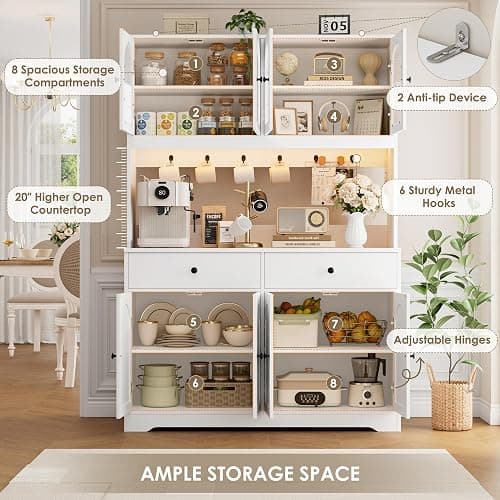 HIFIT 71" LED Kitchen Pantry Cabinet with Power Outlet, Large Kitchen Hutch Storage Cabinet with Arched Door & Shelves & 2 Drawers, Tall Modern Coffee Bar with Hutch for Home Dining Living Room, White thumbnail 7