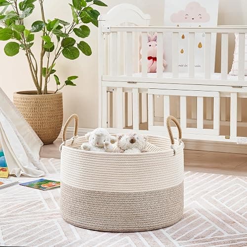 KAKAMAY Large Blanket Basket 20"x13", Cotton Rope Woven Laundry Storage Basket, Baskets for Toy,Stuffed Animal Storage, Dog,Toy Box, Gift Basket for Living Room Nursery Baby Hamper (Beige) thumbnail 3