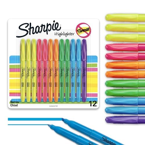 Sharpie Pocket Highlighters, Chisel Tip, Quick Dry, Assorted Fluorescent Colors, 12 Count - For Studying, Note-Taking, School, College, Office, Student & Teacher Supplies - Image 1