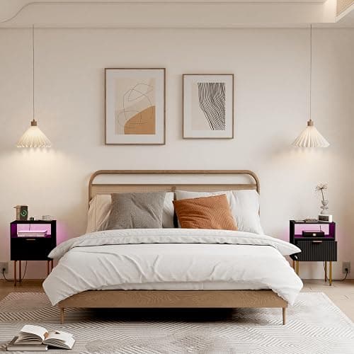 Modern Nightstand with Charging Station and LED Lights, Black Nightstand with Drawer, Fluted Nightstand for Living Room, Bedroom thumbnail 5